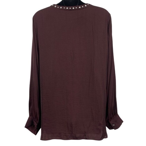 Vince Camuto Stud V-Neck Tunic Blouse Large Burgundy Beaded Long Sleeve NWT New - Picture 6 of 9